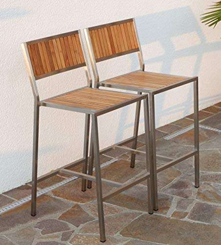 2 Stück Edelstahl Teak Barhocker Barsessel Bistrosessel Bistrohoker Massive Ausführung A-Grade Teakholz MEXIKO Gartenmöbel Modell: MEXIKO von AS-S