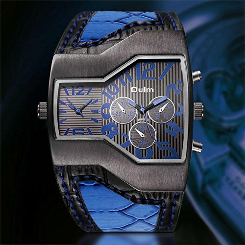 JewelryWe Herrenuhren Analog Quarz Casual Armbanduhr Blau Leder Armband Sportuht mit Digital Zifferblatt Vatertagsgeschenk