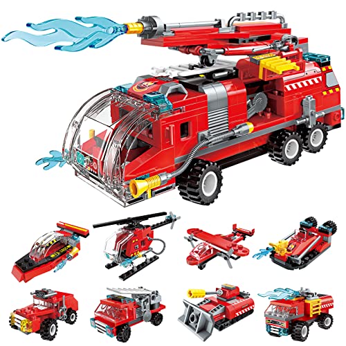 QLT City Fire Truck Building Kit für Kinder von 6–12 Jahren, kompatibel mit Lego City Fire Truck 8-in-1-Baustein, Fire Helicopter Toys Building Sets.(313 PCS)