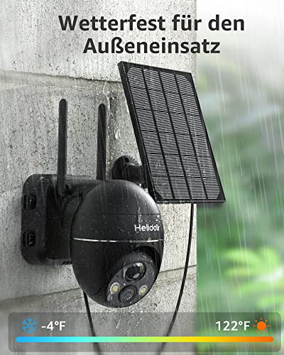 Helidallr 2K Überwachungskamera Aussen Akku mit WLAN und Solarpanel, 4dBi Überwachungskamera Aussen WLAN Solar Kabellos mit 15000mAh Akku, 355°/120° Schwenkbar, Ip PTZ-Kamera Outdoor, Zwei-Wege-Audio