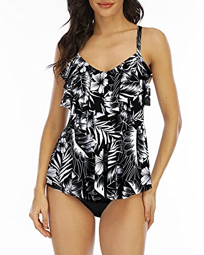 WIN.MAX Damen Tankini Bademoden Sets Hohe Taille Rüschen Volant 2 Stück Bikini Set Schwimmkostüm Plus Size Badeanzug (Monochrome Floral, EU42)