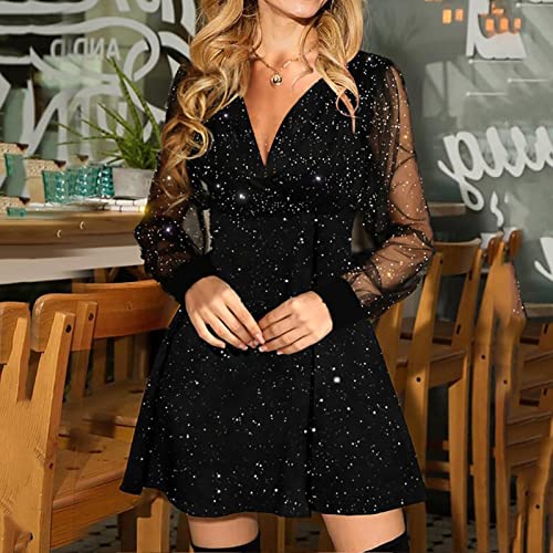 BOTCAM Minikleid Damen 2022 Sexy V-Ausschnitt Schwarze Elegante Party Club Kleid Cocktailkleid Festlich Partykleid Abendkleid Strandkleid Glitzer Silvester Brautkleid Brautjungfern Kleid Ballkleid