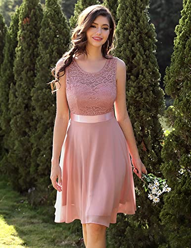 BeryLove Damen Spitzenkleid Brautjungfer Elegant Party Knielang Cocktailkleid Chiffon Ärmellos BLP7005B-Blush2XL