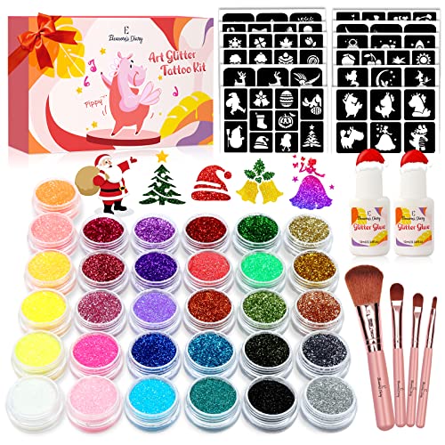 Glitzer Tattoo Set Mädchen Weihnachtsgeschenke, Eleanore's Diary 31 Farben Temporäre Tattoo Glitzer für Kinder, Glitzer Make Up Kit Kinder Erwachsene,165 Schablonen,4 Pinsel 2 Kleber, Geschenk Mädchen