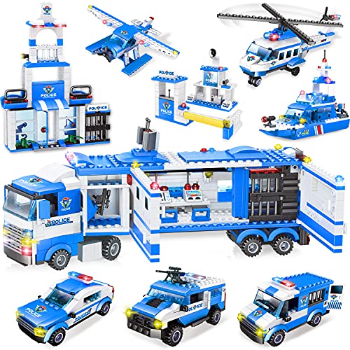 1039 Stück City Polizei, City Polizei Station Bauklötze Set, 8 in 1 Mobile Kommandozentrale Bauspielzeug mit Polizeiauto, Hubschrauber, Boot, Rollenspiel Weihnachten Geschenk für Jungen Mädchen 6-12