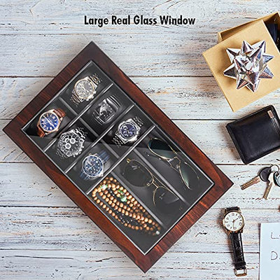 Uhrenbox aus Holz für Männer, Aufbewahrungsbox für Uhren, Doppelschichtige Box mit Glasdeckel für Sonnenbrillen, Schmuck, Halsketten, Ringe, Krawatten,