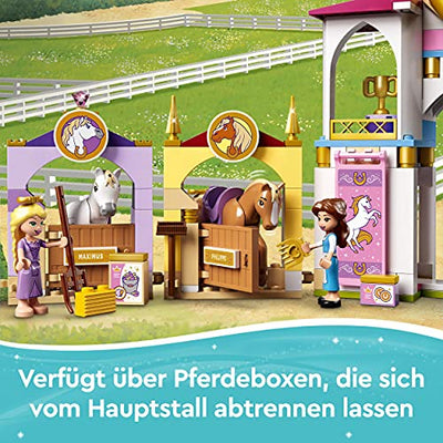 LEGO 43195 Disney Princess Belles und Rapunzels königliche Ställe, Bauspielzeug für Kinder ab 5 Jahren mit Pferd- und Minipuppen-Figuren