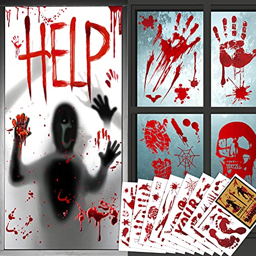 Moxled Halloween Deko Horror, Blutige Fenster Handabdruck Fußabdruck, 2 Sets Halloween Fenster Tür Aufkleber & 8 Sets Blutige Mauer Boden Aufkleber 88pcs Blutige Aufkleber für Halloween Party