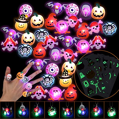 Twister.CK Halloween Kids LED Leuchtringe, 54 Stück LED Glow Party Leuchtspielzeug - Blinkende Ringkette Temporäre Tattoos für Halloween Party Supply Bags Filler