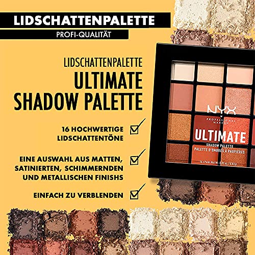 NYX Professional Makeup Ultimate Shadow Palette, Lidschattenpalette, 16 Farbtöne, Schimmernd und Metallisch, Individuelles Finish, Vegane Formel, Farbton: Warm Neutrals