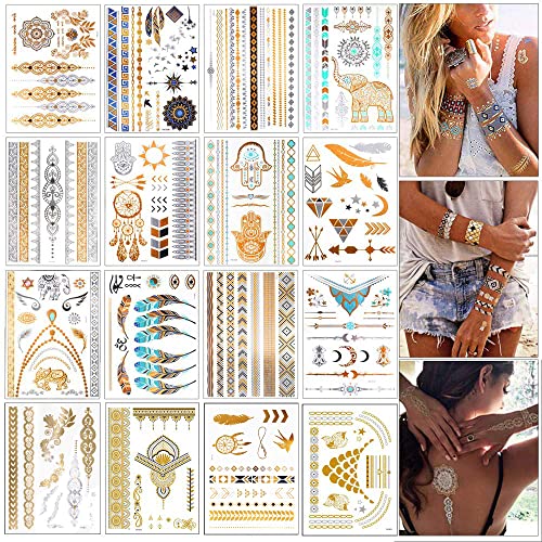 Flash Tattoos, Temporäre Klebe-Tattoos 16 Blätter Metallic Flash tattoos in Gold, Silber & Schwarz Temporäre Tätowierung Wasserdichte, Das perfekte Festival & Party Accessoire.