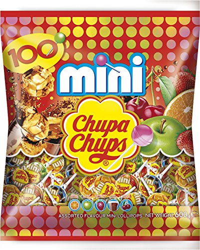 Chupa Chups Mini Classic Lutscher, 100er Beutel Lollis, Geschmacksrichtungen: Cola + Orange + Erdbeere + Apfel + Kirsche