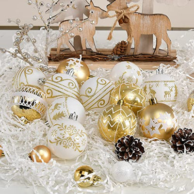 YILEEY Weihnachtskugeln Weihnachtsdeko Set Weiß und Gold 35 STK in 8 Farben, Kunststoff Weihnachtsbaumkugeln Box mit Aufhänger Christbaumkugeln Plastik Bruchsicher, Weihnachtsbaumschmuck, MEHRWEG