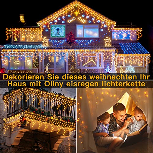 Weihnachtsbeleuchtung Außen, Ollny Eisregen Lichterkette Außen 10m 396LEDs 66Saiten, Lichtervorhang mit Fernbedienung & Timer Strom 8 Modi für Weihnachten, Silvester, Balkon - Lichterkette Warmweiß