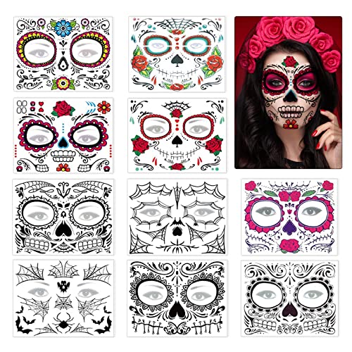 Halloween Schminke Aufkleber, 10 Stück Gesichtstattoo Halloween Totenkopf Gesicht Tattoo Tag der Toten Gesicht Tattos für Kinder Erwachsene Halloween Fasching Maskerade Cosplay Party