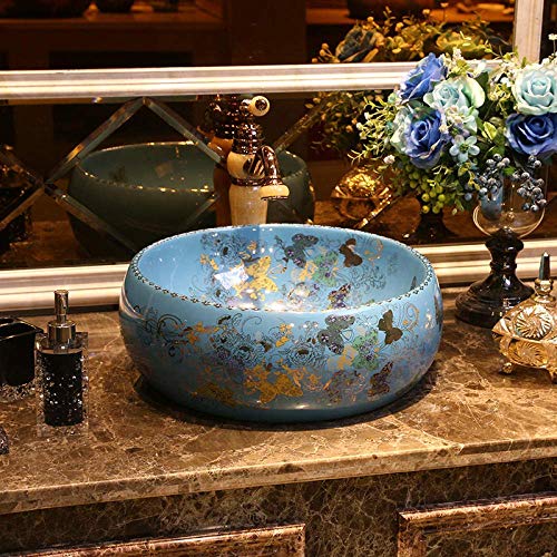 WEHOLY Harz Waschbecken Naturstein Oval Einbau Europa Stil China Handmade Lavabo Waschbecken Künstlerische Waschbecken handbemalte Blume Pfingstrose Keramik Waschbecken Waschbecken