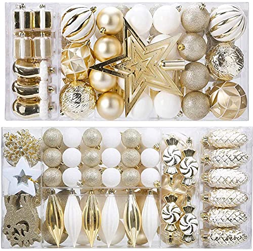 88PCS Weihnachtskugeln Ornamente für Weihnachtsbaum, zarte Weihnachtsdekoration Kugeln Bastelset Bruchsichere Kunststoff weihnachtsbaumschmuck Kugeln Kit für Neujahrsfeier Hochzeitsfeier (Gold+Weißen)