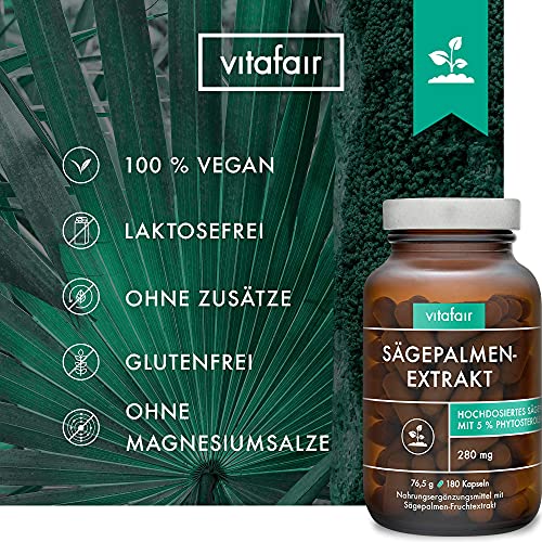 VITAFAIR Sägepalmenextrakt (280mg pro Tagesdosis) - 180 Vegane Kapseln in Braunglas, Ohne Magnesiumstearat, German Quality - 5% Phytosterole = 14 mg - Hochdosiertes Sägepalmextrakt