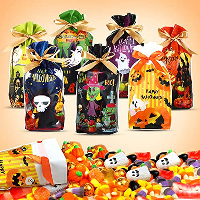 LIHAO 56 Stück Halloween Süßigkeiten Tüten Geschenkbeutel mit Kordelzug Partytüten Kunststoff Geschenktüten Candy Tüten für Halloween Mitgebsel Partyzubehör