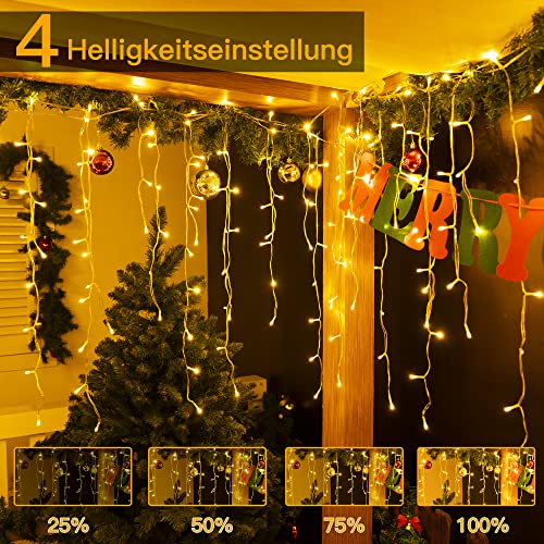 Weihnachtsbeleuchtung Außen, Ollny Eisregen Lichterkette Außen 10m 396LEDs 66Saiten, Lichtervorhang mit Fernbedienung & Timer Strom 8 Modi für Weihnachten, Silvester, Balkon - Lichterkette Warmweiß