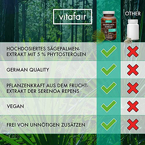 VITAFAIR Sägepalmenextrakt (280mg pro Tagesdosis) - 180 Vegane Kapseln in Braunglas, Ohne Magnesiumstearat, German Quality - 5% Phytosterole = 14 mg - Hochdosiertes Sägepalmextrakt