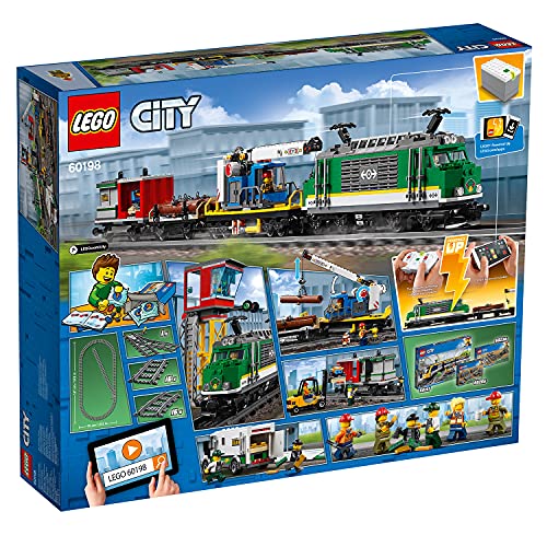 LEGO 60198 City Güterzug, Set mit batteriebetriebenem Motor, Bluetooth-Fernbedienung, 3 Wagen, Gleise und Zubehör