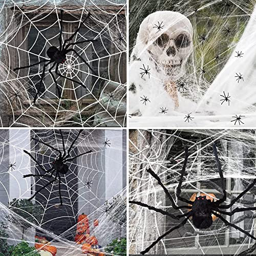 Kimimara Spinne Deko Halloween - Spinnennetz Dekoration 3.6m | 1.5m Gruselige Riesenspinne | 40g Spinnwebe 30 Kleine Plastikspinnen - Halloween Party Gartendekoration