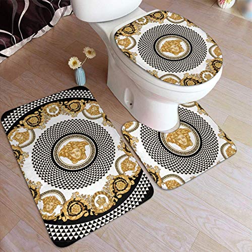 RedBeans Rutschfeste Badematte, 3-teiliges Flanell-Badezimmerteppich-Set, goldenes Barock-Mandala im Vintage-Stil, weicher Sockel, rutschfeste Duschmatte und WC-Abdeckung, Teppich-Set