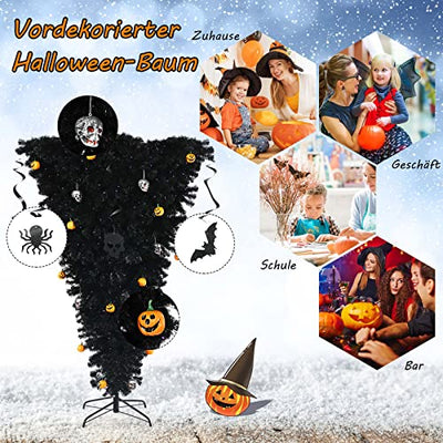 DREAMADE 180cm schwarz künstlicher Weihnachtsbaum, beleuchteter Halloweenbaum, klappbarer künstlicher Tannenbaum mit LED-Lichtern, umgedrehter Deko-Baum für Haus, Büro, Karneval, Grusel-Themenparty