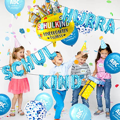 iZoeL Einschulung Deko Jungen Blau HURRA SCHULKIND Girlande SCHULKIND Folienballon 15 Schulanfang Luftballon 14 Deko Konfetti Schuleinführung Einschulungsfeier Dekoration