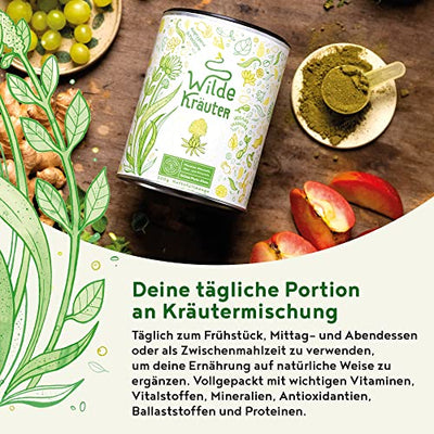 Wilde Kräuter, Nährstoffreiches Phyto-Elixier mit Heilkräutern, Adaptogenen, Algen, Wurzeln und Blüten - U.a. mit Ashwagandha, OPC, Brennnessel, Mariendistel, Chlorella, Schafgarbe Pulver