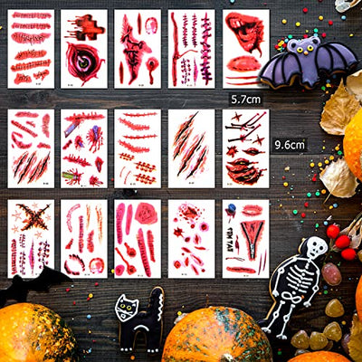 Alintor Halloween Schminke - Halloween Tattoo Gesicht, Halloween Kostüm Damen Gruselig Tattoos, 180 Pcs(5 Große+15 Kleine Blatt) Zombie Vampir Narben Wunden Tattoos Aufkleber für Kinder Herren Makeup