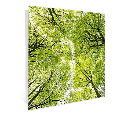 banjado® Großer Schlüsselkasten aus Glas - Schlüsselbox 30cm x 30cm mit 50 Haken - Motiv Zwischen Bäumen - Schlüsselschrank für Schlüsselaufbewahrung mit beschreibbarer Glastür als Magnettafel nutzbar