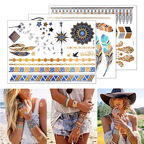 Flash Tattoos, Temporäre Klebe-Tattoos 16 Blätter Metallic Flash tattoos in Gold, Silber & Schwarz Temporäre Tätowierung Wasserdichte, Das perfekte Festival & Party Accessoire.