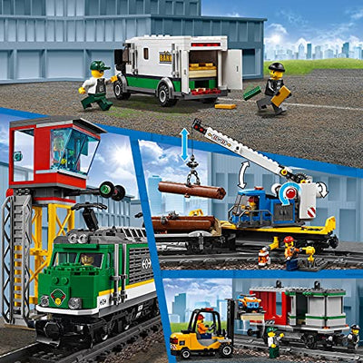 LEGO 60198 City Güterzug, Set mit batteriebetriebenem Motor, Bluetooth-Fernbedienung, 3 Wagen, Gleise und Zubehör