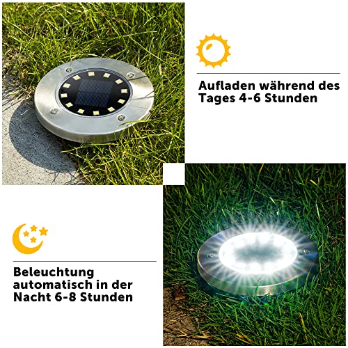 Solar Bodenleuchte Solarleuchte für Garten 12 LEDs 4 Stück, Weiß, Gartenleuchten Edelstahl Wasserdicht für außen, Garten, Terrasse, Rasen, Hof, Gehweg