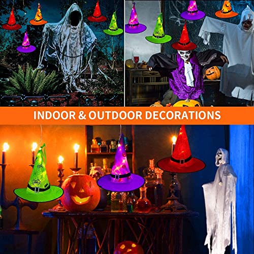 WUJUN Halloween-Dekorationen für den Außenbereich, Hexenhut, Lichter, 8 Stück, hängende beleuchtete, leuchtende Hexenhüte mit 11 m, 104 LEDs, Halloween-Lichterkette (8 Beleuchtungsmodi)