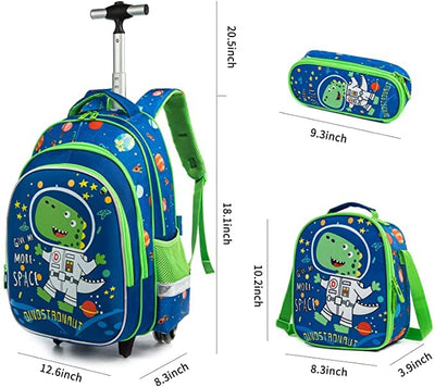 Amythe Kinderrucksack Jungen Schulranzen Trolley, Schultaschen-Sets Jungen mit Lunch Tasche Mäppchen Cartoon Gedruckt Hartschalen Dinosaurier Rucksack mit Rollen für 1 2 3 4 5 klasse