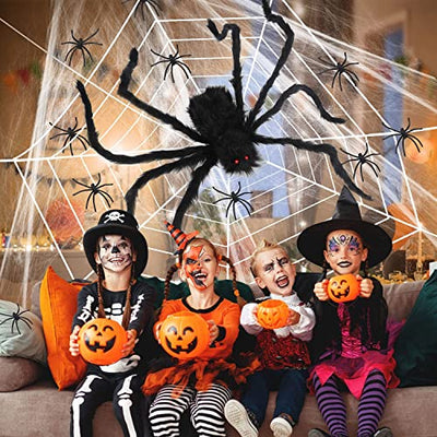 Kimimara Spinne Deko Halloween - Spinnennetz Dekoration 3.6m | 1.5m Gruselige Riesenspinne | 40g Spinnwebe 30 Kleine Plastikspinnen - Halloween Party Gartendekoration