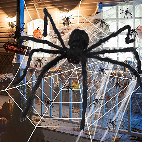 Kimimara Spinne Deko Halloween - Spinnennetz Dekoration 3.6m | 1.5m Gruselige Riesenspinne | 40g Spinnwebe 30 Kleine Plastikspinnen - Halloween Party Gartendekoration