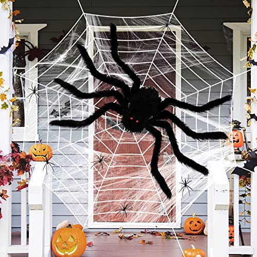 Kimimara Spinne Deko Halloween - Spinnennetz Dekoration 3.6m | 1.5m Gruselige Riesenspinne | 40g Spinnwebe 30 Kleine Plastikspinnen - Halloween Party Gartendekoration