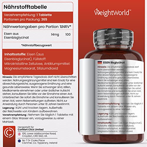 Eisen Tabletten - 365 vegane Eisentabletten für 1 Jahr Vorrat - Gut verträgliches Eisenbisglycinat in jeder Tablette - Wichtiges Spurenelement & Hohe Bioverfügbarkeit - Iron Tablets - WeightWorld