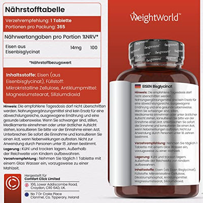 Eisen Tabletten - 365 vegane Eisentabletten für 1 Jahr Vorrat - Gut verträgliches Eisenbisglycinat in jeder Tablette - Wichtiges Spurenelement & Hohe Bioverfügbarkeit - Iron Tablets - WeightWorld