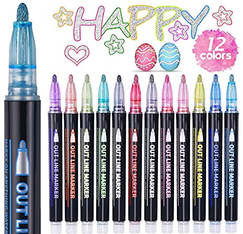 ECtury Glitzerstifte Magische Stifte - Geschenke für Mädchen, 12 Outline Stifte Glossy Pen Metallic Zauberstifte für Malen, Scrapbooking, Basteln Mädchen, Einschulung Mädchen Geschenke 4-12 jahre