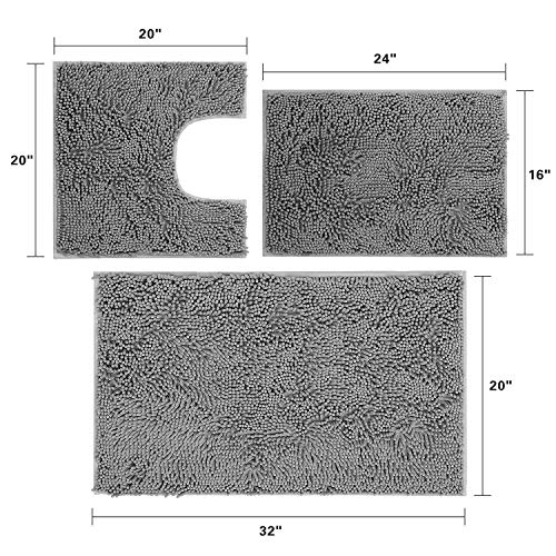 KINMEGO 3-teiliges Badezimmerteppich-Set, super saugfähig, luxuriös, zottelig, Chenille, Badematten-Set, langlebig, weich, rutschfest, waschbar, für Badewanne, Dusche, Badezimmer (lang, grau)