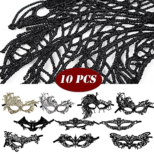 FLOFIA 10 Stück Venezianische Maske Damen Spitze Maske Lace Maske Schwarz / Gold Augenmaske für Fasching Maskerade Masquerade Halloween Karneval Cosplay Party Gothic Gesichtsmaske