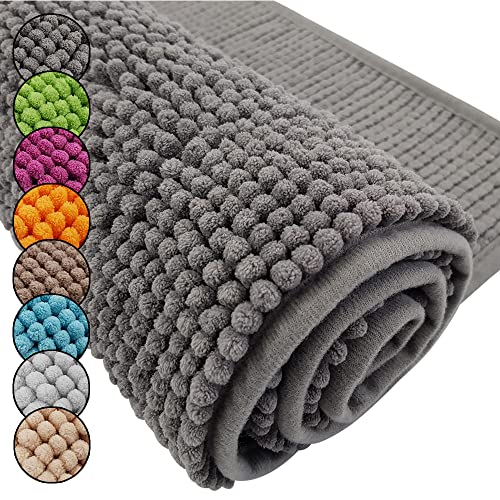 DILUMA Badematte Chenille 60x90 cm Grau Rutschfester Hochflor Badteppich Luxus Wellness Badvorleger Saugfähig und Flauschig