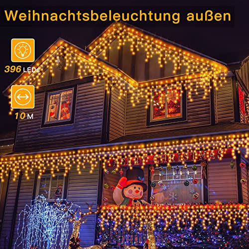 Weihnachtsbeleuchtung Außen, Ollny Eisregen Lichterkette Außen 10m 396LEDs 66Saiten, Lichtervorhang mit Fernbedienung & Timer Strom 8 Modi für Weihnachten, Silvester, Balkon - Lichterkette Warmweiß