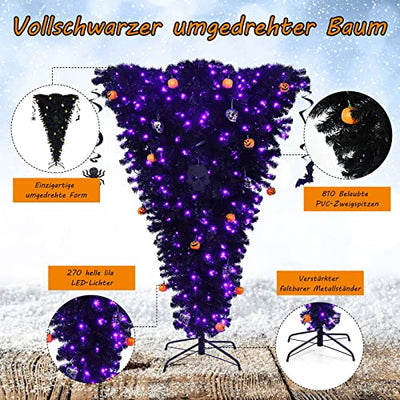 DREAMADE 180cm schwarz künstlicher Weihnachtsbaum, beleuchteter Halloweenbaum, klappbarer künstlicher Tannenbaum mit LED-Lichtern, umgedrehter Deko-Baum für Haus, Büro, Karneval, Grusel-Themenparty