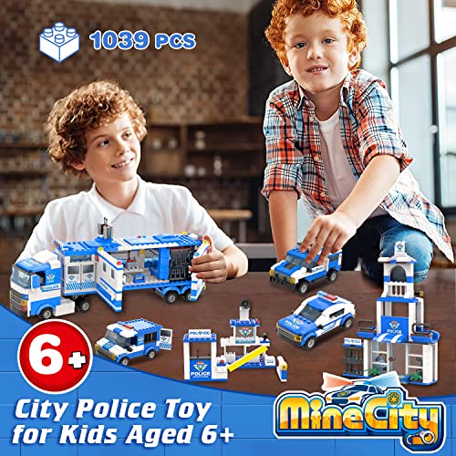 1039 Stück City Polizei, City Polizei Station Bauklötze Set, 8 in 1 Mobile Kommandozentrale Bauspielzeug mit Polizeiauto, Hubschrauber, Boot, Rollenspiel Weihnachten Geschenk für Jungen Mädchen 6-12